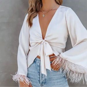 Vici Dolls Bell Sleeve Tie Blouse with Feathers